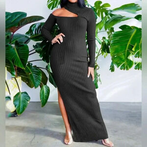 Ladies Sexy Open Show Slit Dress Turtleneck Strip Long Skirt